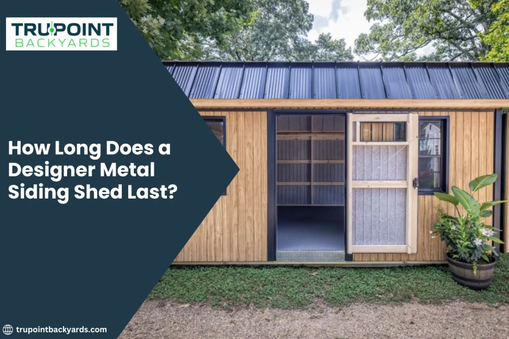 Designer metal siding shed from TruPoint Backyards with customizable features and modern design