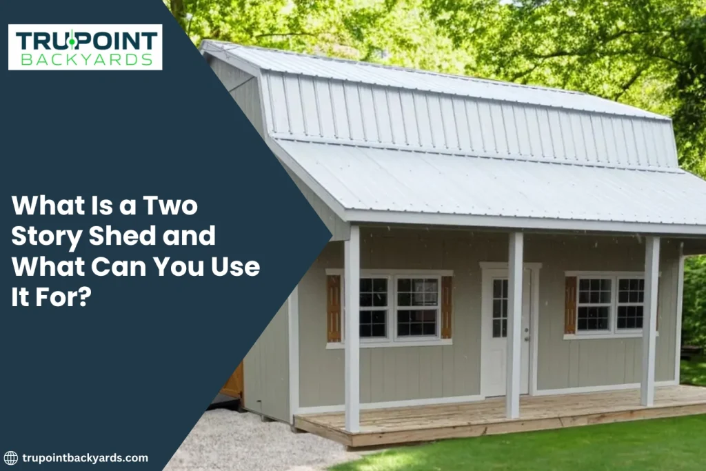 Two story shed with a spacious lower level and upper loft area, featuring durable construction, large windows, and extra storage space in a well maintained backyard.